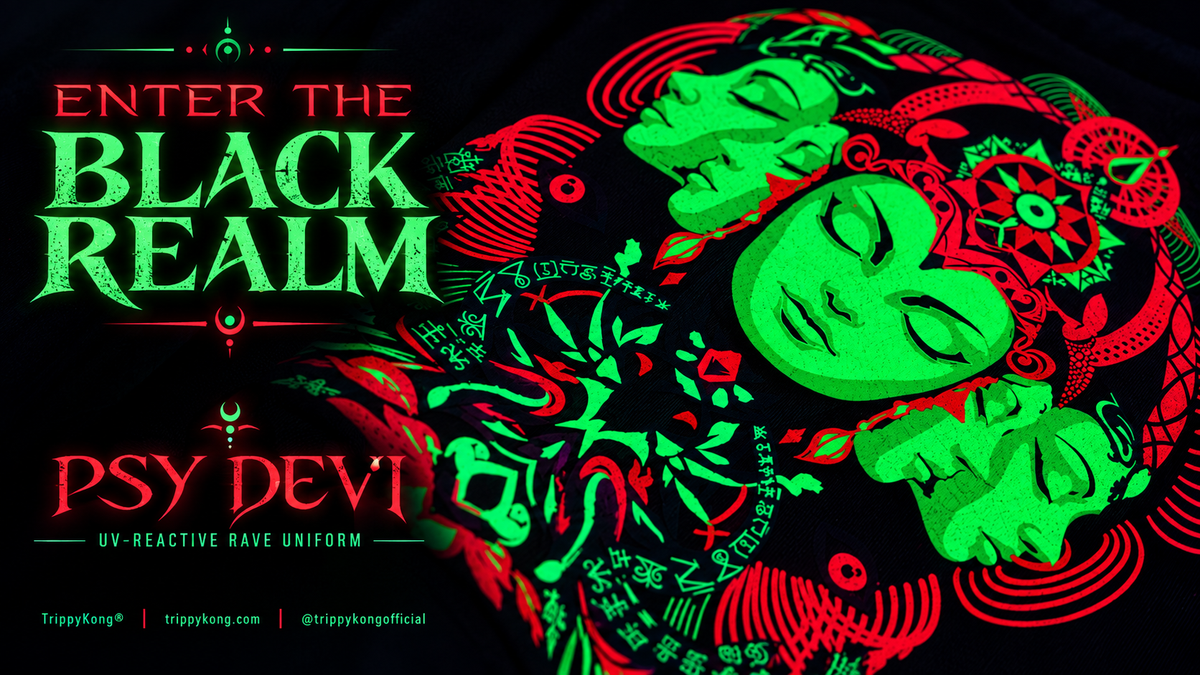 Psy Devi artwork in fluorescent green and red on black fabric, with Enter the Black Realm lettering.