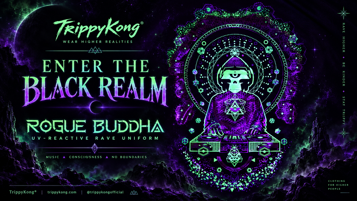 Rogue Buddha DJ artwork in mint green and purple against a cosmic Black Realm landscape.