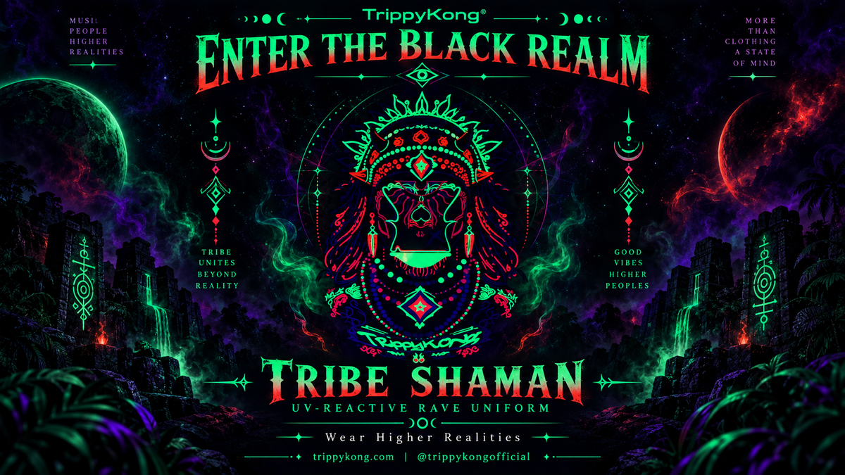 Tribe Shaman gorilla artwork in neon green and red amid cosmic temple ruins.